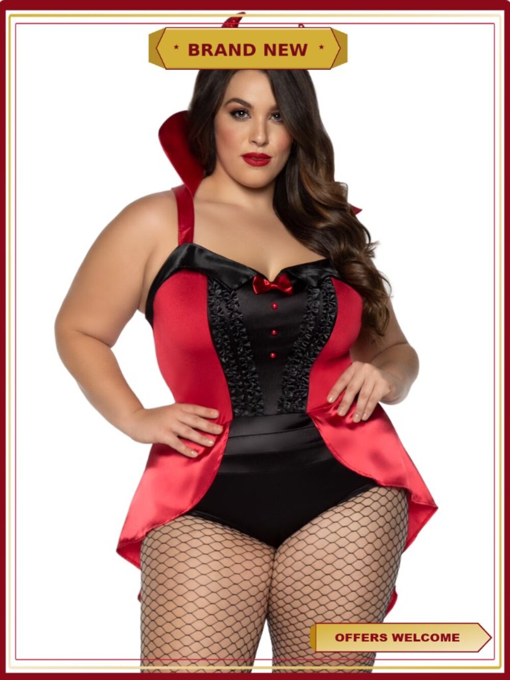 3PC Devil Costume Tux Bodysuit Tail Horn Headband Plus Size Halloween